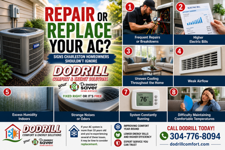 HVAC technician inspecting an air conditioning system with signs homeowners may need AC replacement in Charleston WV