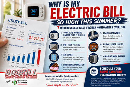 Why is my electric bill so high this summer? Dodrill Comfort & Energy Solutions infographic showing seven hidden causes of high energy bills in West Virginia homes.