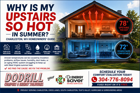Upstairs hot in summer due to HVAC airflow and insulation problems in Charleston WV home