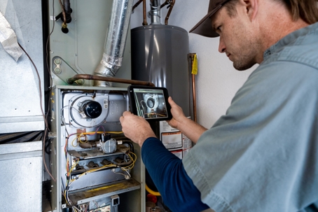 technician inspecting a furnace