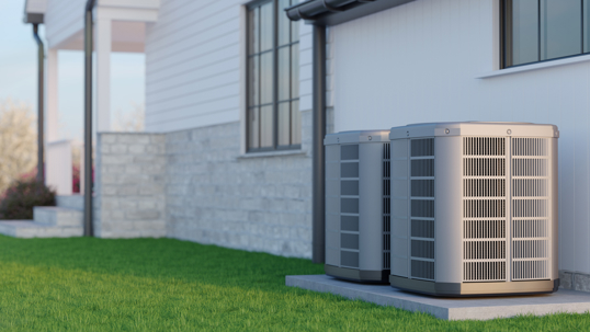 3D illustration of a modern American house with an air source heat pump system. Residential building exterior with energy-efficient HVAC technology